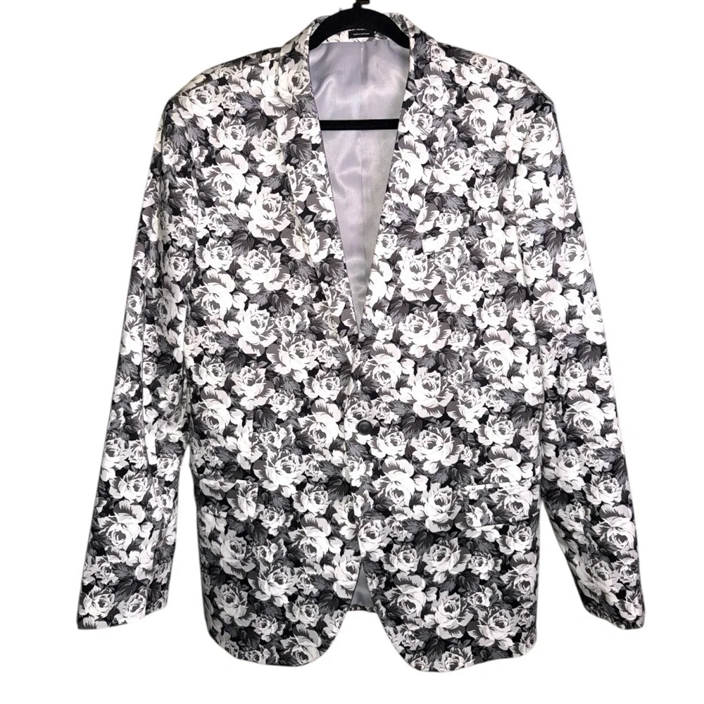 JF J Ferrar Black White Floral Slim Fit Blazer Jacket Size 46R Modern Statement